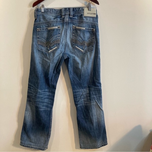 AFFLICTION Sz 33 Cooper Distressed Straight Leg Rubber Logo Patch Jeans - Picture 16 of 16